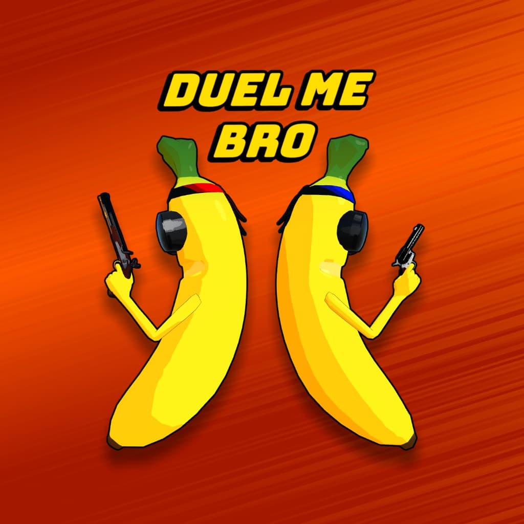 Two bananas back to back in VR headsets, pistols drawn