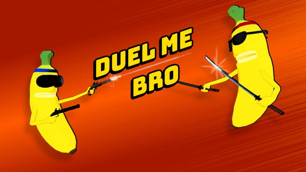 Banana in a VR headset firing flintlocks at a banana with katanas